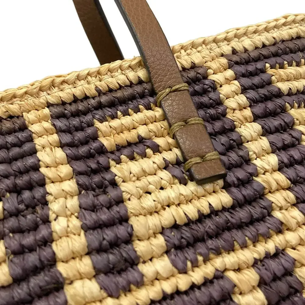 Fendi Roll Mini, Zucca Pattern Handbag 8BS096 Beige Dark Brown Straw Leather